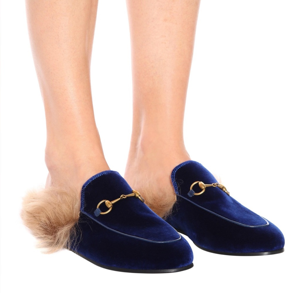New GUCCI Princetown Fur velvet Cobalt Blue Slippers mules flats - Picture 2 of 10